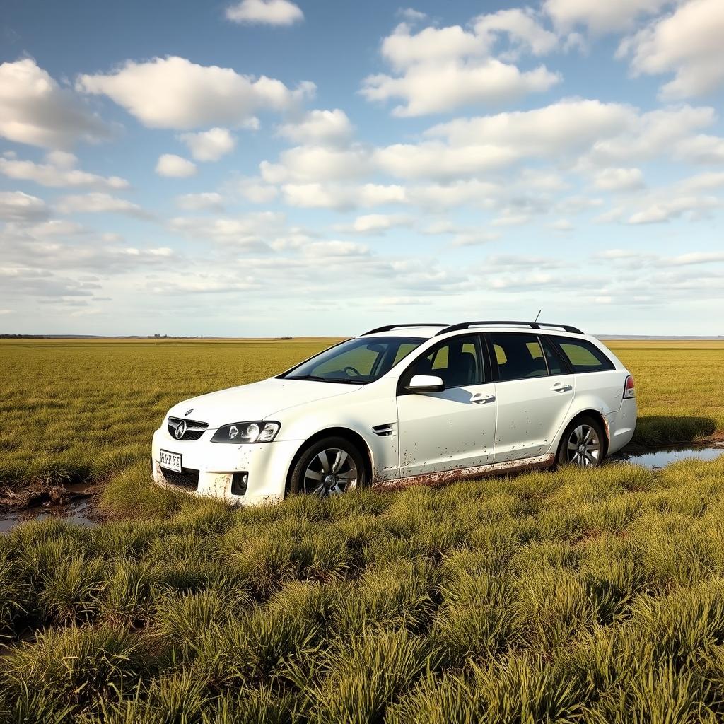 A realistic image of a white 2009 Holden Commodore Omega wagon bogged down in soft, wet grass in the middle of a sprawling field