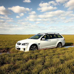 A realistic image of a white 2009 Holden Commodore Omega wagon bogged down in soft, wet grass in the middle of a sprawling field