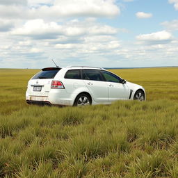 A realistic image of a white 2009 Holden Commodore Omega wagon bogged down in soft, wet grass in the middle of a sprawling field