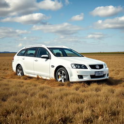 A realistic image of a white 2009 Holden Commodore Omega wagon bogged down in soft, wet grass in the middle of a sprawling field