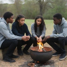 Four dark-skinned teenagers engaged in a lively discussion, seated around a captivating outdoor fire with a blackened, scorched kettle placed over it.