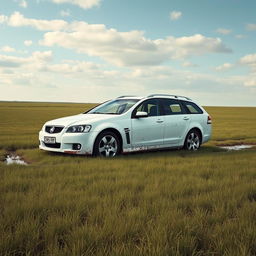 A realistic image of a white 2009 Holden Commodore Omega wagon bogged down in soft, wet grass in the middle of a sprawling field