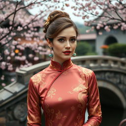 A woman resembling Scarlett Johansson dressed in elegant traditional Chinese attire, showcasing intricate details of Chinese culture and fashion