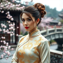 A woman resembling Scarlett Johansson dressed in elegant traditional Chinese attire, showcasing intricate details of Chinese culture and fashion