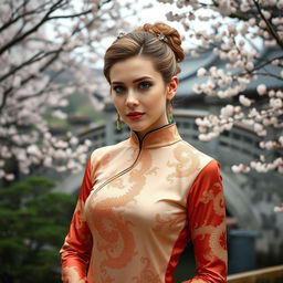 A woman resembling Scarlett Johansson dressed in elegant traditional Chinese attire, showcasing intricate details of Chinese culture and fashion