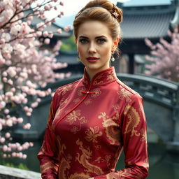 A woman resembling Scarlett Johansson dressed in elegant traditional Chinese attire, showcasing intricate details of Chinese culture and fashion