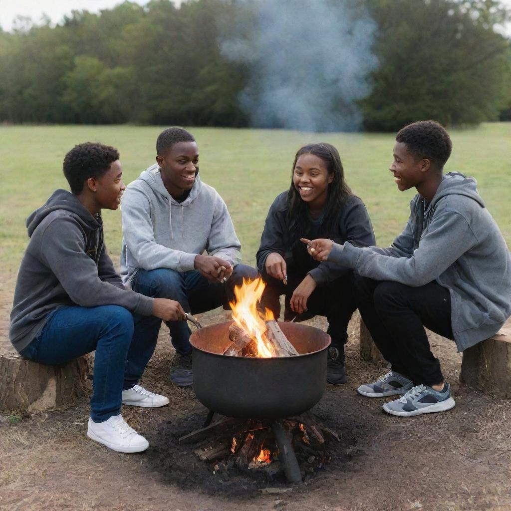 Four dark-skinned teenagers engaged in a lively discussion, seated around a captivating outdoor fire with a blackened, scorched kettle placed over it.