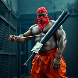 a large muscular African American gang member in an imposing prison setting, wearing a red bandana mask and baggy orange pants