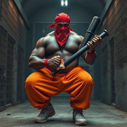 a large muscular African American gang member in an imposing prison setting, wearing a red bandana mask and baggy orange pants