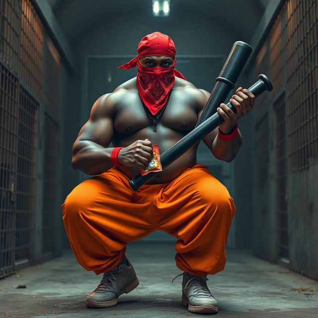 a large muscular African American gang member in an imposing prison setting, wearing a red bandana mask and baggy orange pants