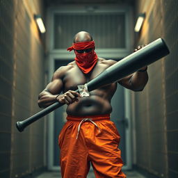 a large muscular African American gang member in an imposing prison setting, wearing a red bandana mask and baggy orange pants