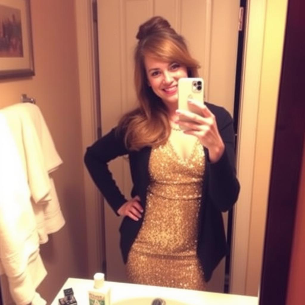 A person taking a selfie in a mirror, wearing a sparkly gold dress with a black jacket