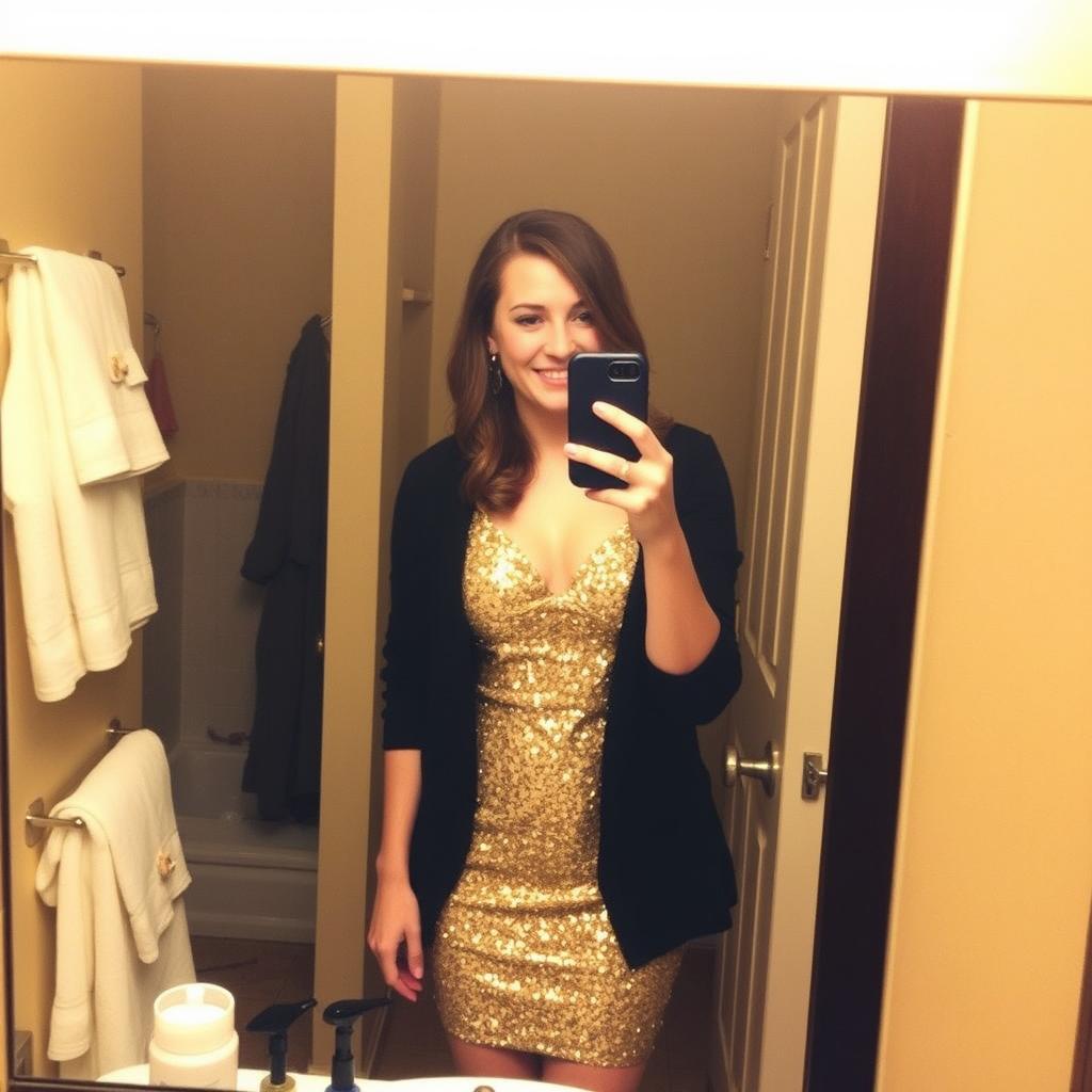 A person taking a selfie in a mirror, wearing a sparkly gold dress with a black jacket