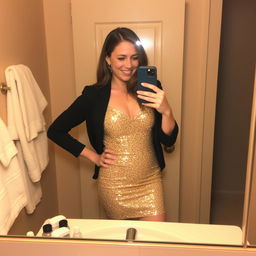 A person taking a selfie in a mirror, wearing a sparkly gold dress with a black jacket