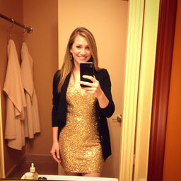 A person taking a selfie in a mirror, wearing a sparkly gold dress with a black jacket