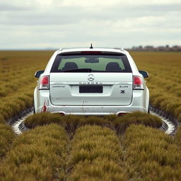 A realistic depiction of a white 2009 Holden Commodore Omega wagon with its rear tires sunk deeply into soft, wet grass in the middle of a large field, viewed from the rear of the car