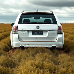 A realistic depiction of a white 2009 Holden Commodore Omega wagon with its rear tires sunk deeply into soft, wet grass in the middle of a large field, viewed from the rear of the car