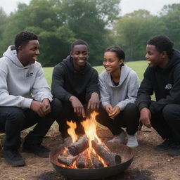 Four dark-skinned teenagers engaged in a lively discussion, seated around a captivating outdoor fire with a blackened, scorched kettle placed over it.