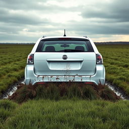 A realistic depiction of a white 2009 Holden Commodore Omega wagon with its rear tires sunk deeply into soft, wet grass in the middle of a large field, viewed from the rear of the car