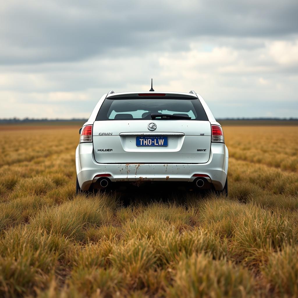 A realistic depiction of a white 2009 Holden Commodore Omega wagon with its rear tires sunk deeply into soft, wet grass in the middle of a large field, viewed from the rear of the car