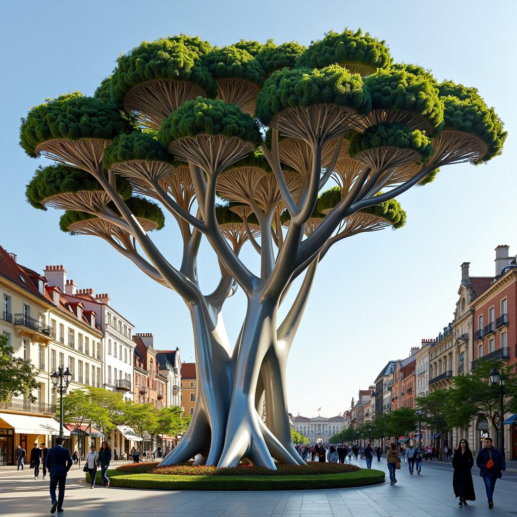 A highly detailed 3D artificial tree made out of steel and concrete, inspired by the architectural designs of Santiago Calatrava