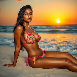 A beautiful Indian girl with a stunning figure sits elegantly on the beach, wearing a sexy, hot bikini