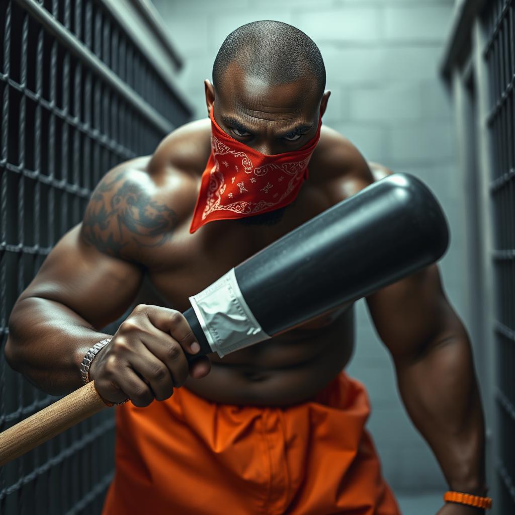 close-up of a large muscular African American gang member in a prison setting