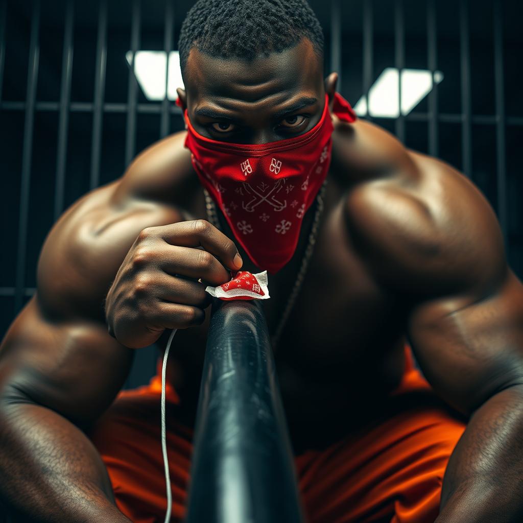 close-up of a large muscular African American gang member in a prison setting