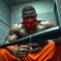 close-up of a large muscular African American gang member in a prison setting