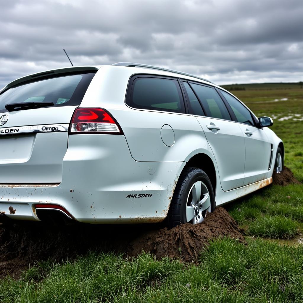 A realistic image of a white 2009 Holden Commodore Omega wagon with its rear tires deeply bogged down in soft, wet grass in the middle of a vast field, viewed from the rear left corner of the car