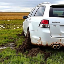 A realistic image of a white 2009 Holden Commodore Omega wagon with its rear tires deeply bogged down in soft, wet grass in the middle of a vast field, viewed from the rear left corner of the car