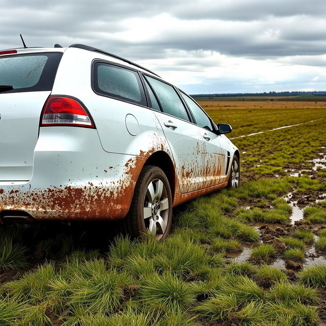 A realistic image of a white 2009 Holden Commodore Omega wagon with its rear tires deeply bogged down in soft, wet grass in the middle of a vast field, viewed from the rear left corner of the car