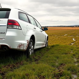 A realistic image of a white 2009 Holden Commodore Omega wagon with its rear tires deeply bogged down in soft, wet grass in the middle of a vast field, viewed from the rear left corner of the car