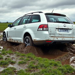 A realistic image of a white 2009 Holden Commodore Omega wagon bogged down in soft, wet grass, with the rear tires deeply sunk, viewed from the side of the car