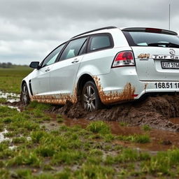 A realistic image of a white 2009 Holden Commodore Omega wagon bogged down in soft, wet grass, with the rear tires deeply sunk, viewed from the side of the car