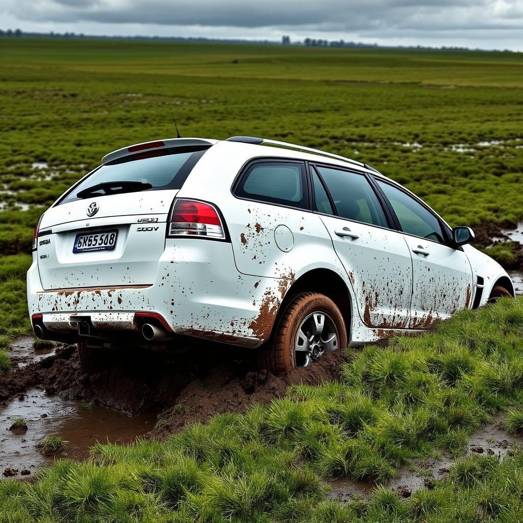 A realistic image of a white 2009 Holden Commodore Omega wagon bogged down in soft, wet grass, with the rear tires deeply sunk, viewed from the side of the car