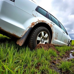 A realistic image of a white 2009 Holden Commodore Omega wagon bogged down in soft, wet grass, with the rear tires deeply sunk, viewed from the side of the car