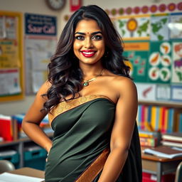 A seductive Indian teacher in a classroom setting, with an attractive, curvy physique, emphasizing her voluptuous figure and confident demeanor