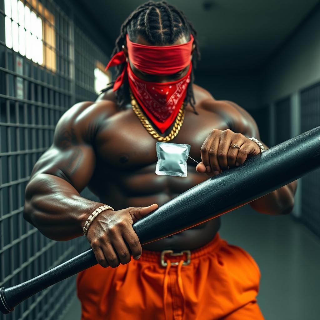 close-up of a large muscular African American gang member in a prison setting, showcasing the intricate details of his powerful physique