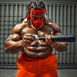 close-up of a large muscular African American gang member in a prison setting, showcasing the intricate details of his powerful physique