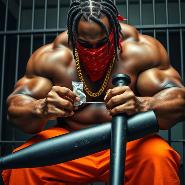 close-up of a large muscular African American gang member in a prison setting, showcasing the intricate details of his powerful physique