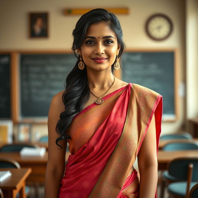 A beautiful and sexy Indian teacher with big breasts, wearing a traditional saree, standing in an elegant classroom