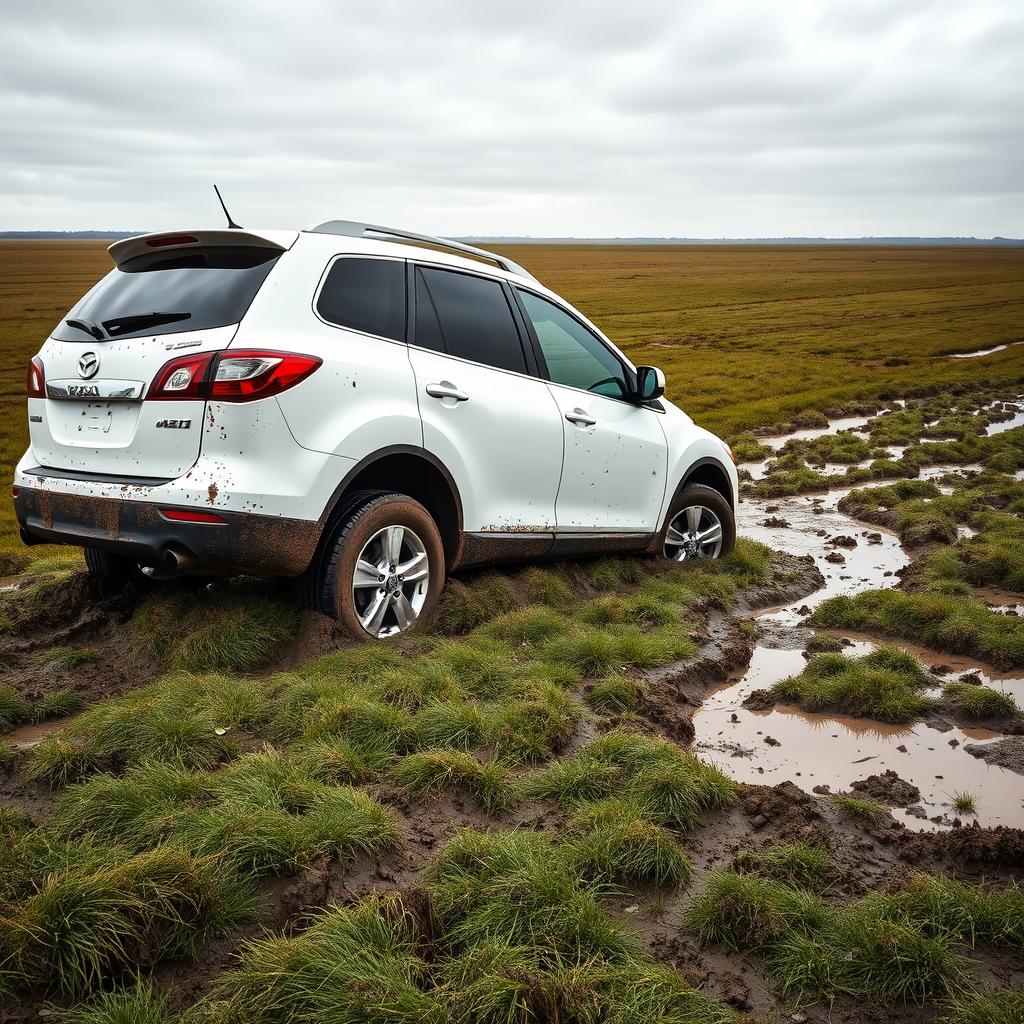 A realistic image of a white 2011 Mazda CX-9 bogged down in soft, wet grass with front tires deeply sunk in the middle of a vast field, viewed from the side of the car