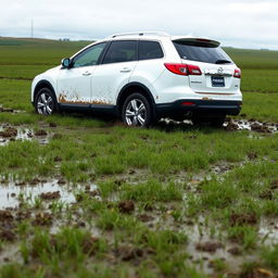 A realistic image of a white 2011 Mazda CX-9 bogged down in soft, wet grass with front tires deeply sunk in the middle of a vast field, viewed from the side of the car