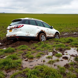 A realistic image of a white 2011 Mazda CX-9 bogged down in soft, wet grass with front tires deeply sunk in the middle of a vast field, viewed from the side of the car