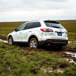 A realistic image of a white 2011 Mazda CX-9 bogged down in soft, wet grass with front tires deeply sunk in the middle of a vast field, viewed from the side of the car