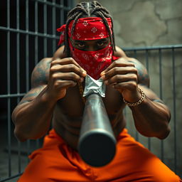 close-up of a large muscular African American gang member with cornrows, wearing a red bandana mask, in a prison setting