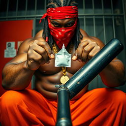 close-up of a large muscular African American gang member with cornrows, wearing a red bandana mask, in a prison setting