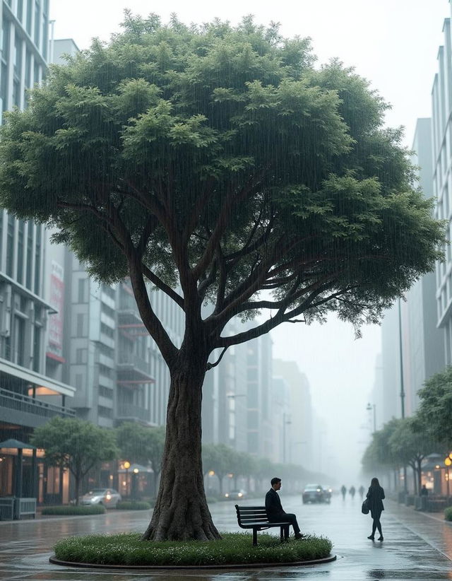 An industrial-style artificial tree with a robust structure and sleek metallic surfaces, designed as a shelter for outdoor use in a city with strong winds and frequent rain