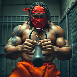 close-up of a large muscular African American gang member in a prison setting